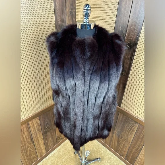 BEAUTIFUL VINTAGE DARK BROWN ALMOST BLACK FOX FUR VEST JACKET COAT LARGE - Picture 2 of 10